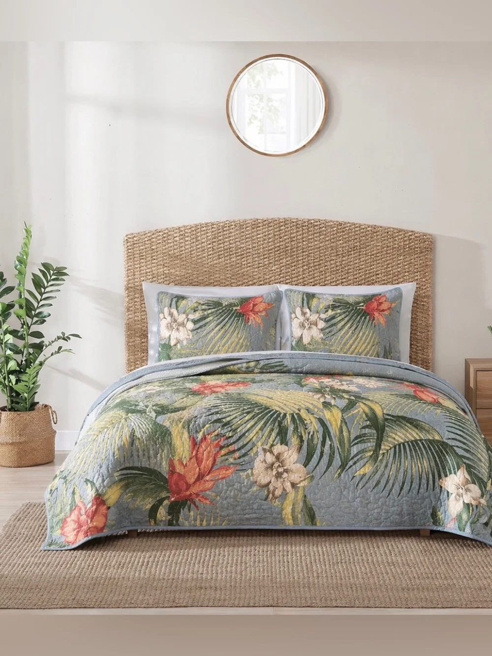 Tropical Floral King Quilt Set Botanical Palm Coastal Bedding NWT